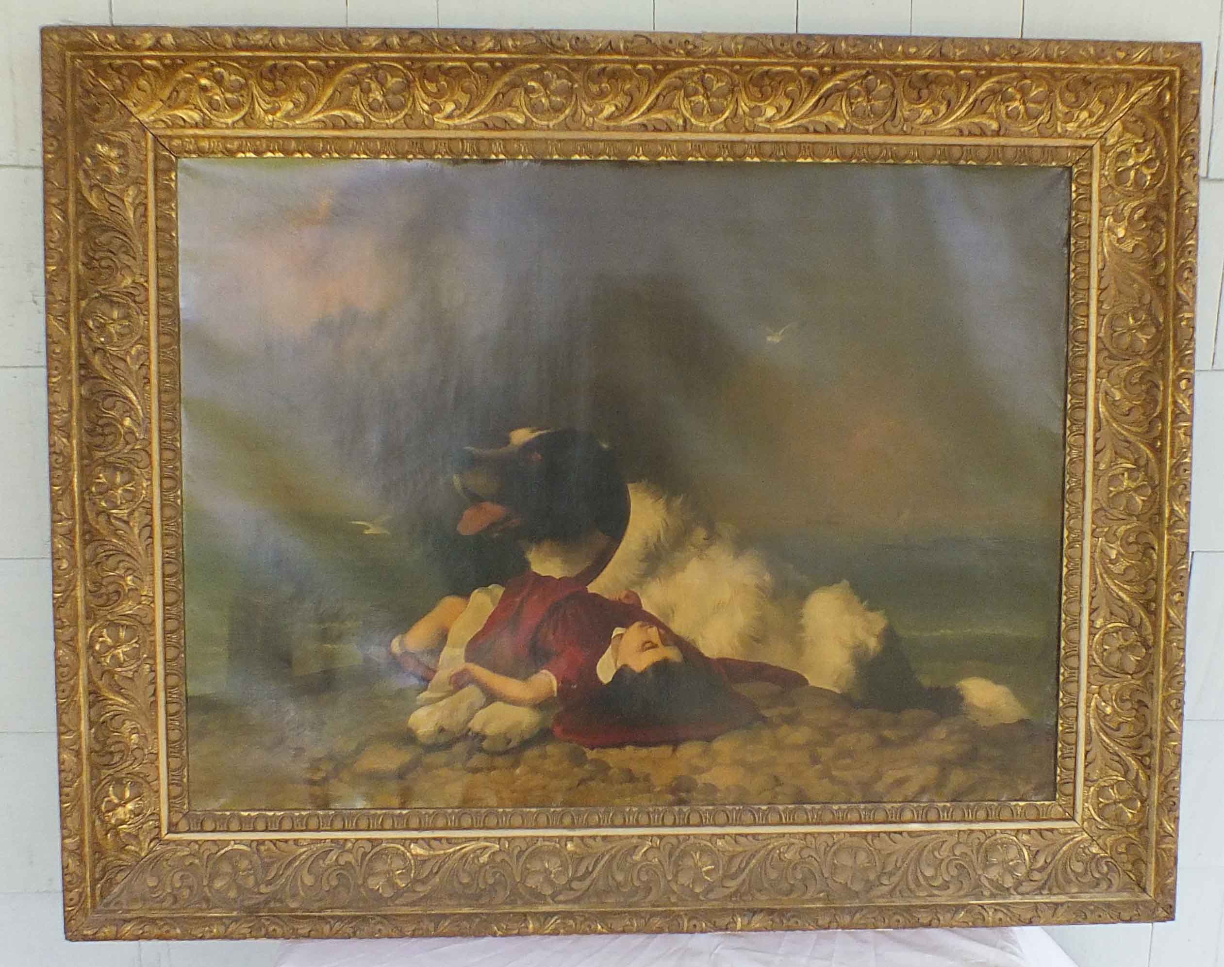 Antique Oil on Canvas of a Dog and Child