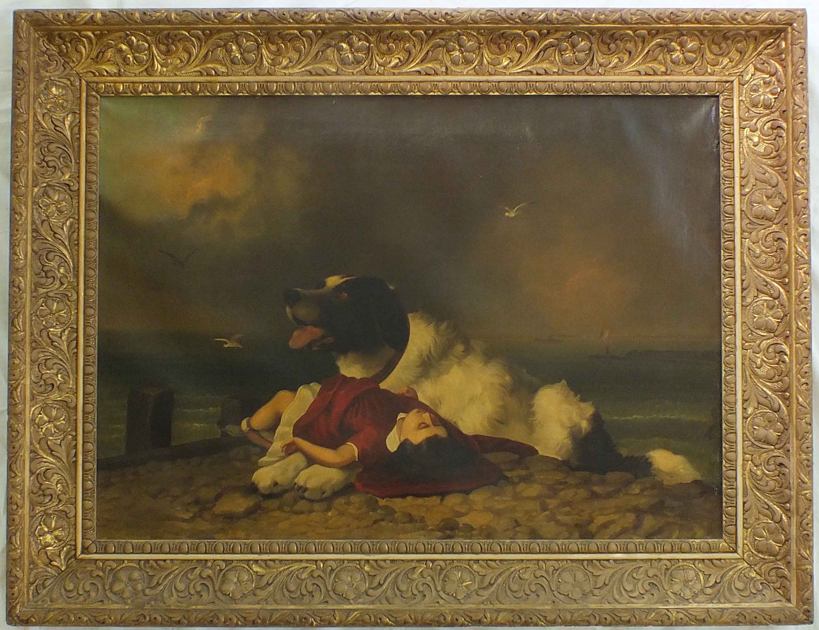 Antique Oil on Canvas of a Dog and Child