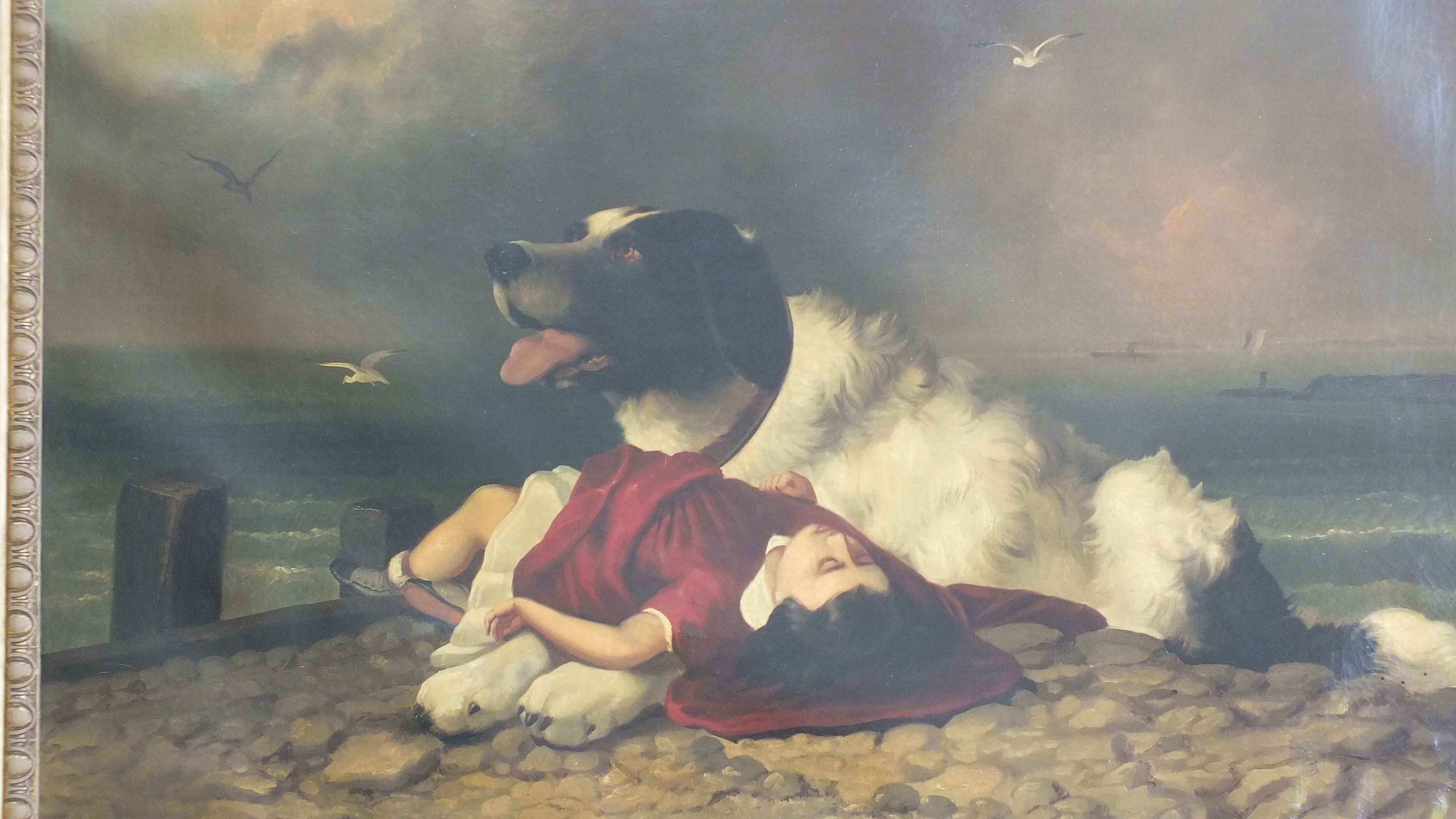 Antique Oil on Canvas of a Dog and Child