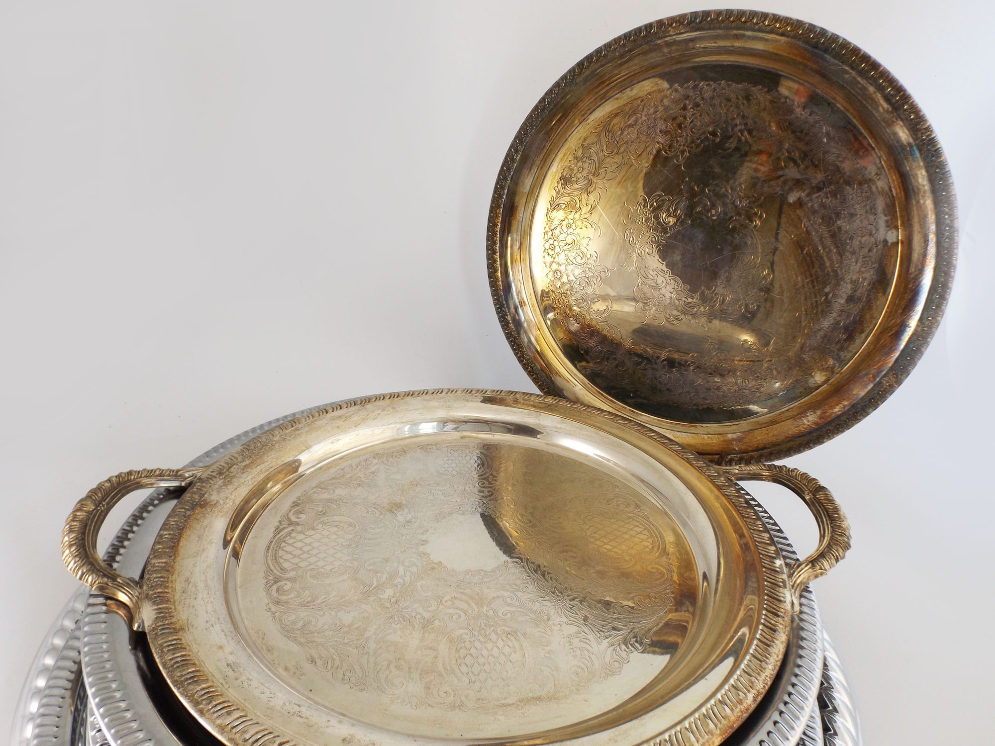 Group of Serving Platters with Pair of Silver Plate Trays