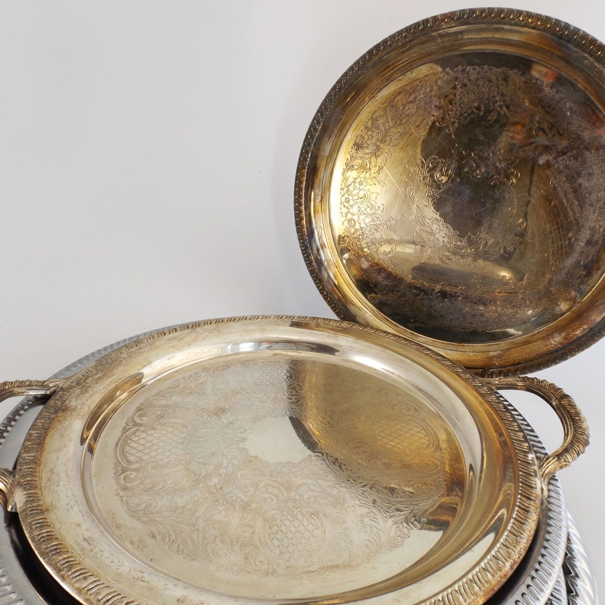 Group of Serving Platters with Pair of Silver Plate Trays