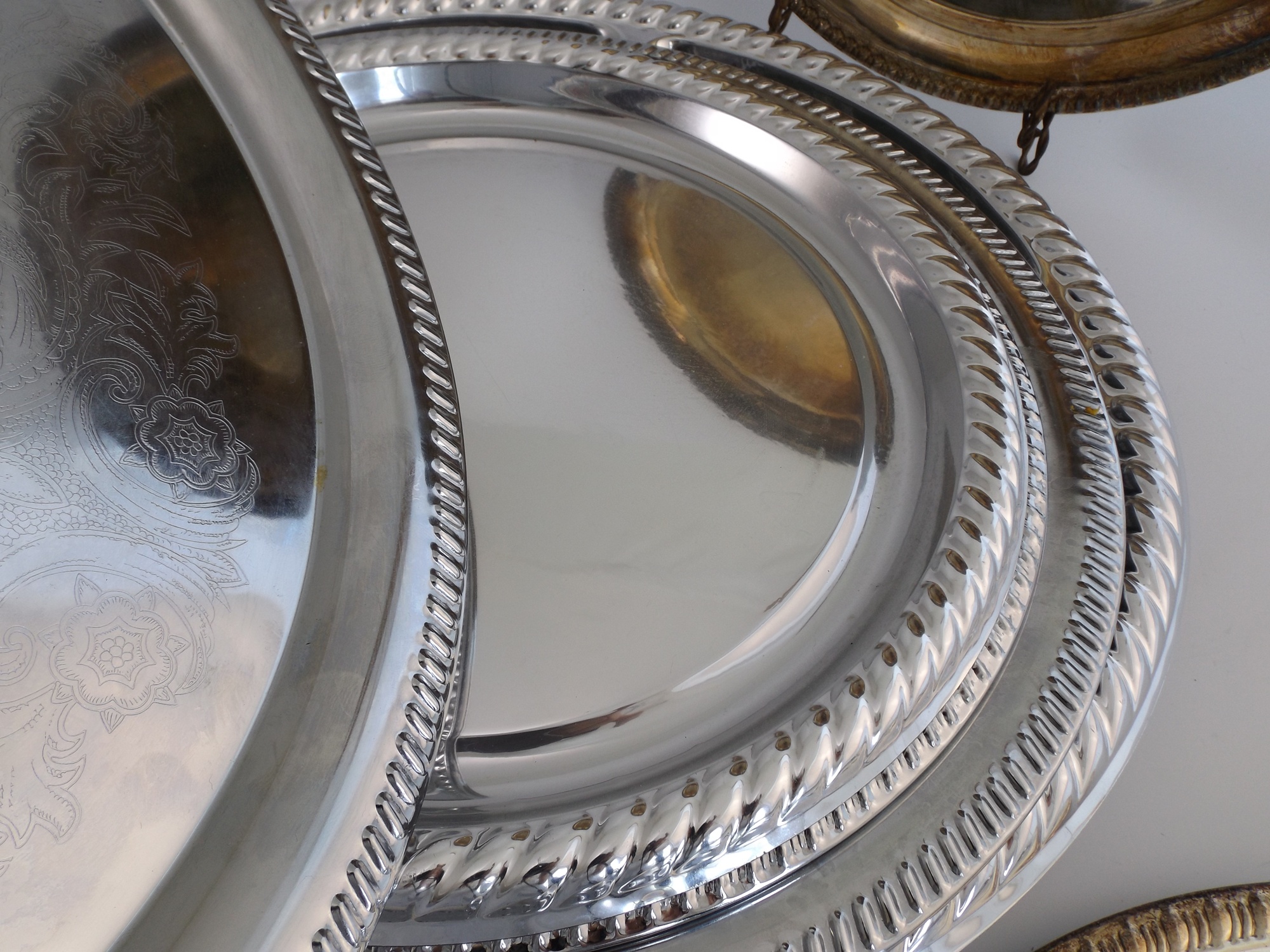 Group of Serving Platters with Pair of Silver Plate Trays