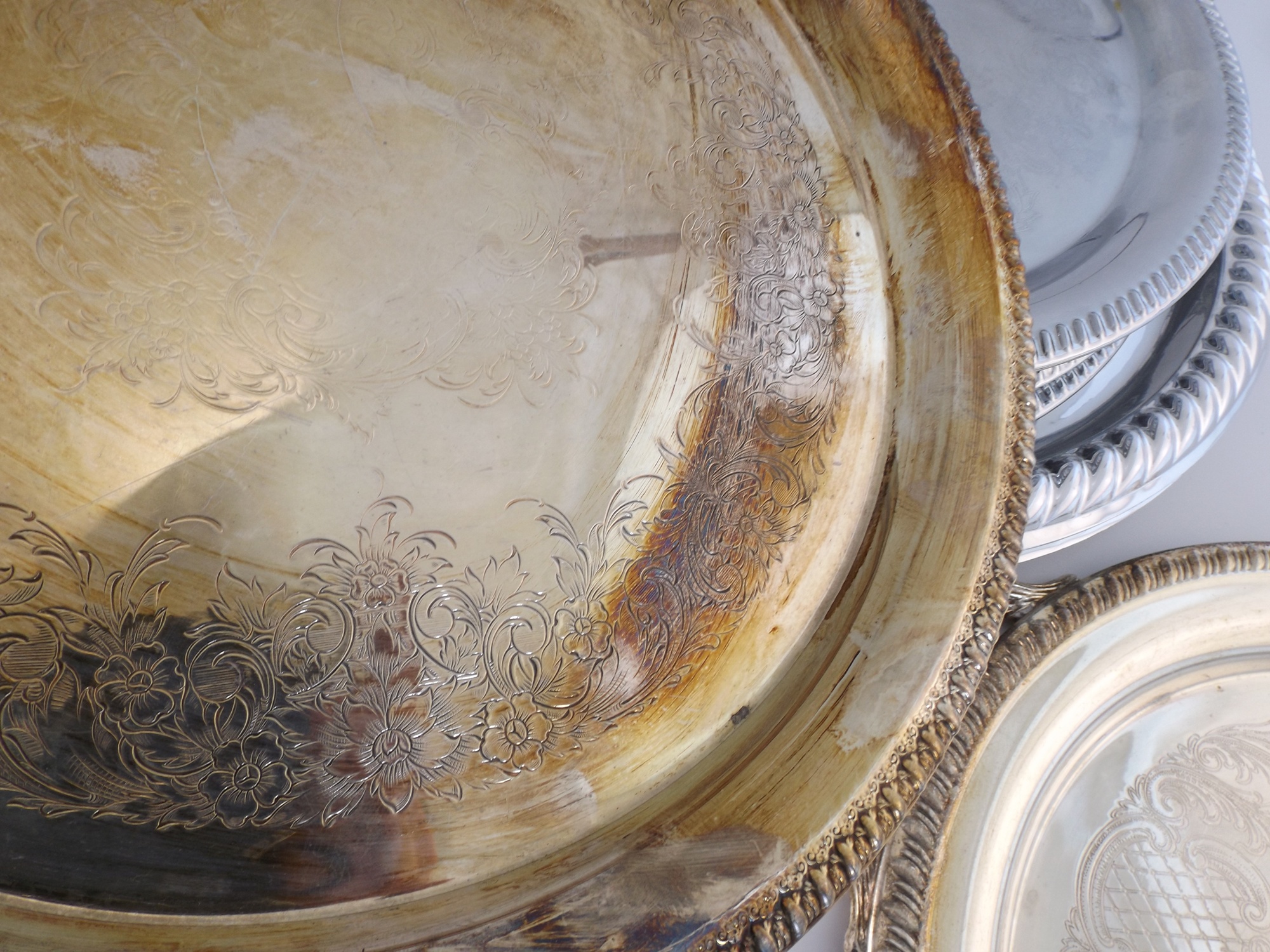 Group of Serving Platters with Pair of Silver Plate Trays