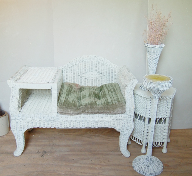 White Wicker Telephone Seat and Accessories