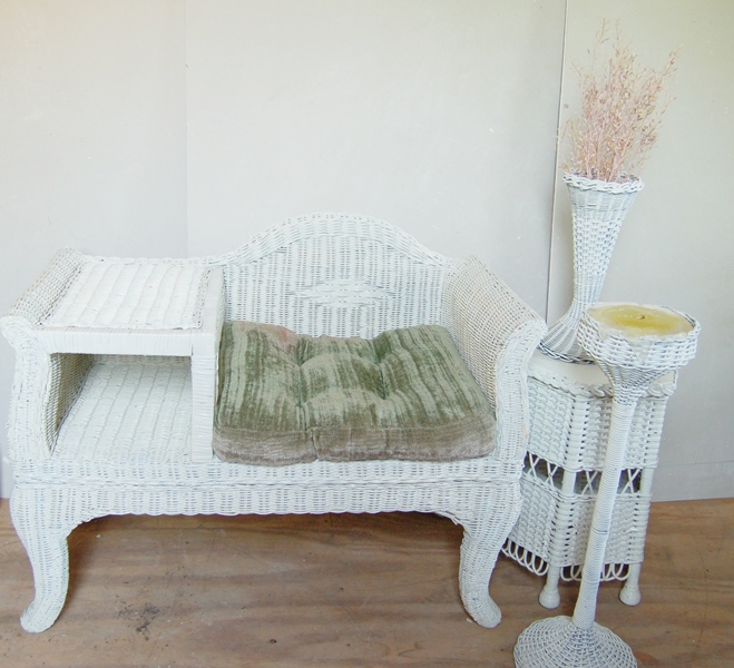 White Wicker Telephone Seat and Accessories