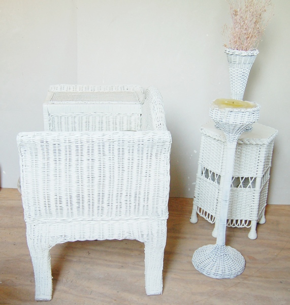 White Wicker Telephone Seat and Accessories