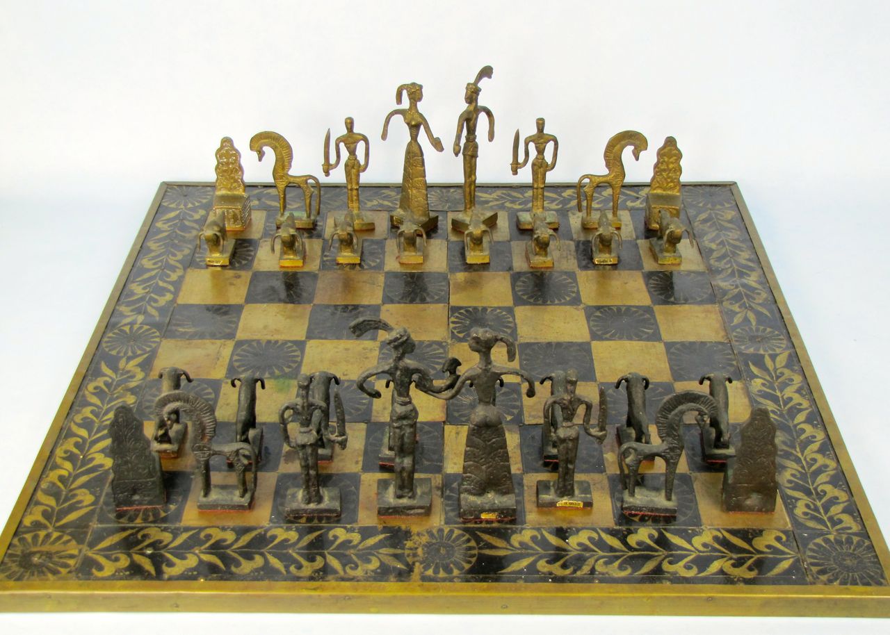 Bronze Minoan Figural Chess Statues and Brass Board