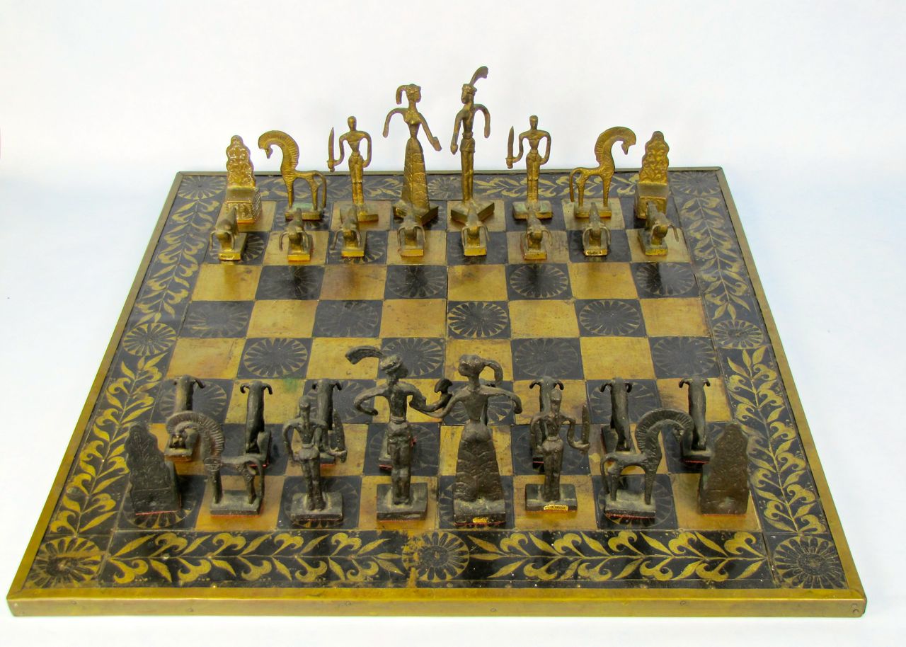 Bronze Minoan Figural Chess Statues and Brass Board