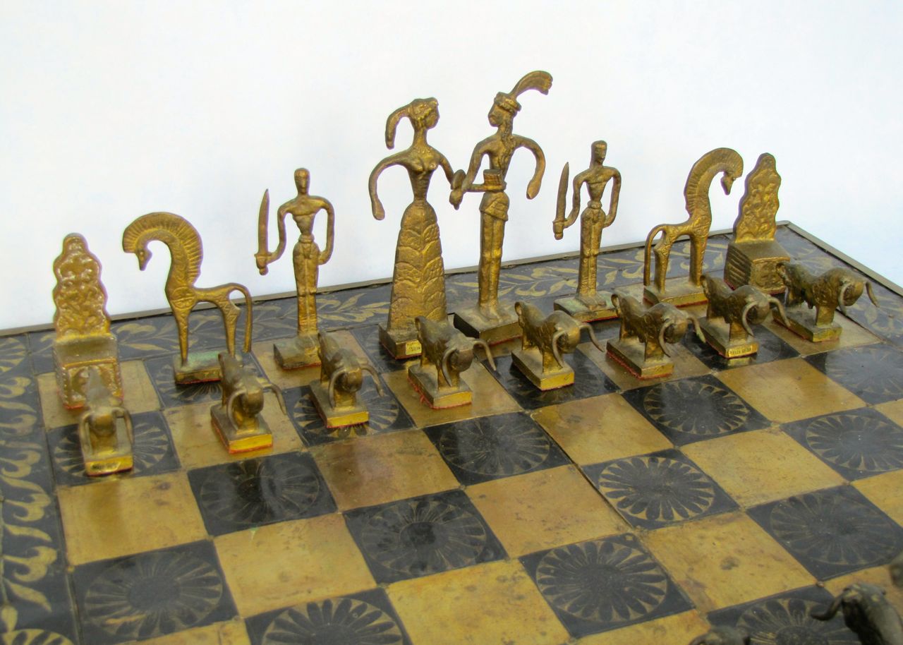 Bronze Minoan Figural Chess Statues and Brass Board