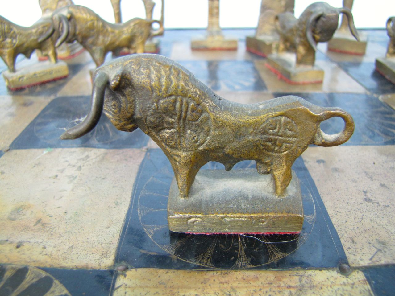 Bronze Minoan Figural Chess Statues and Brass Board