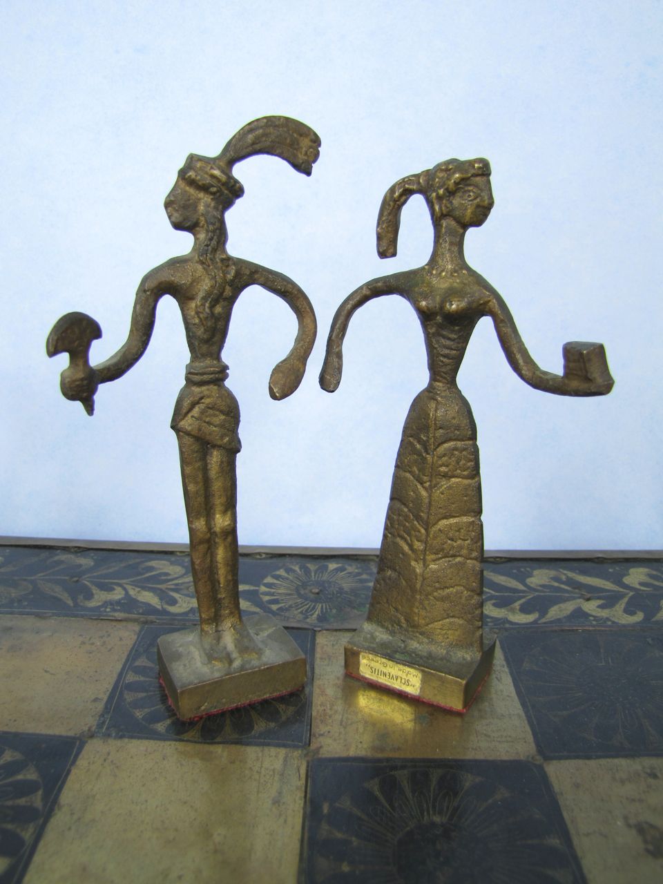 Bronze Minoan Figural Chess Statues and Brass Board