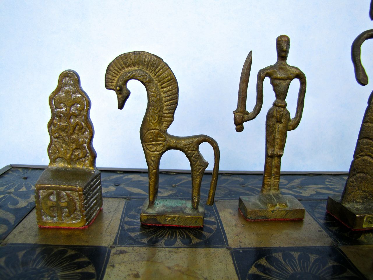 Bronze Minoan Figural Chess Statues and Brass Board