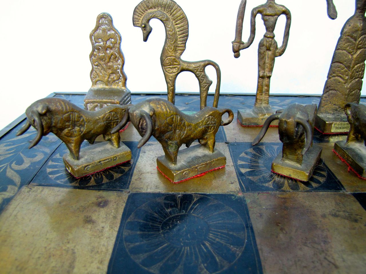 Bronze Minoan Figural Chess Statues and Brass Board