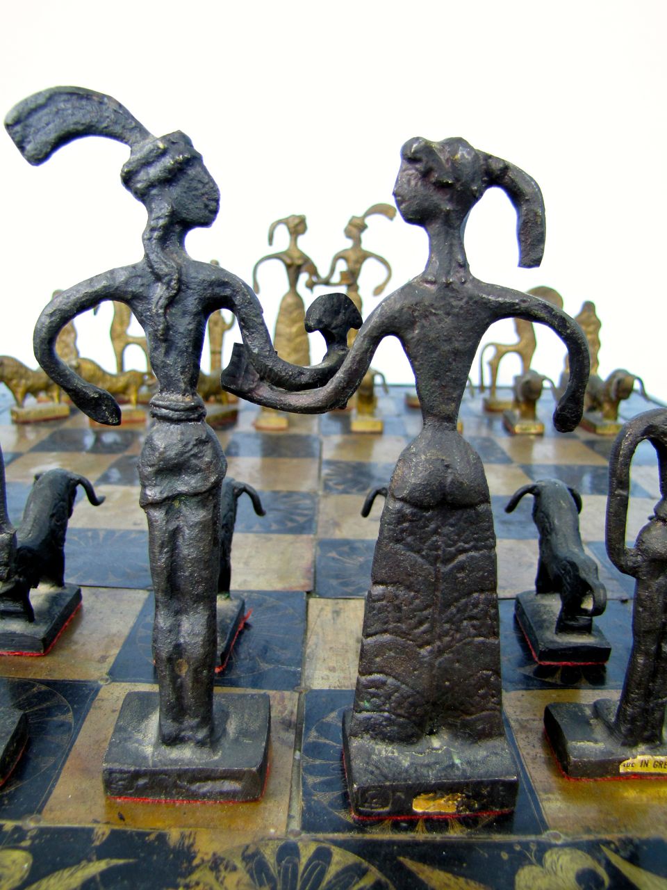 Bronze Minoan Figural Chess Statues and Brass Board