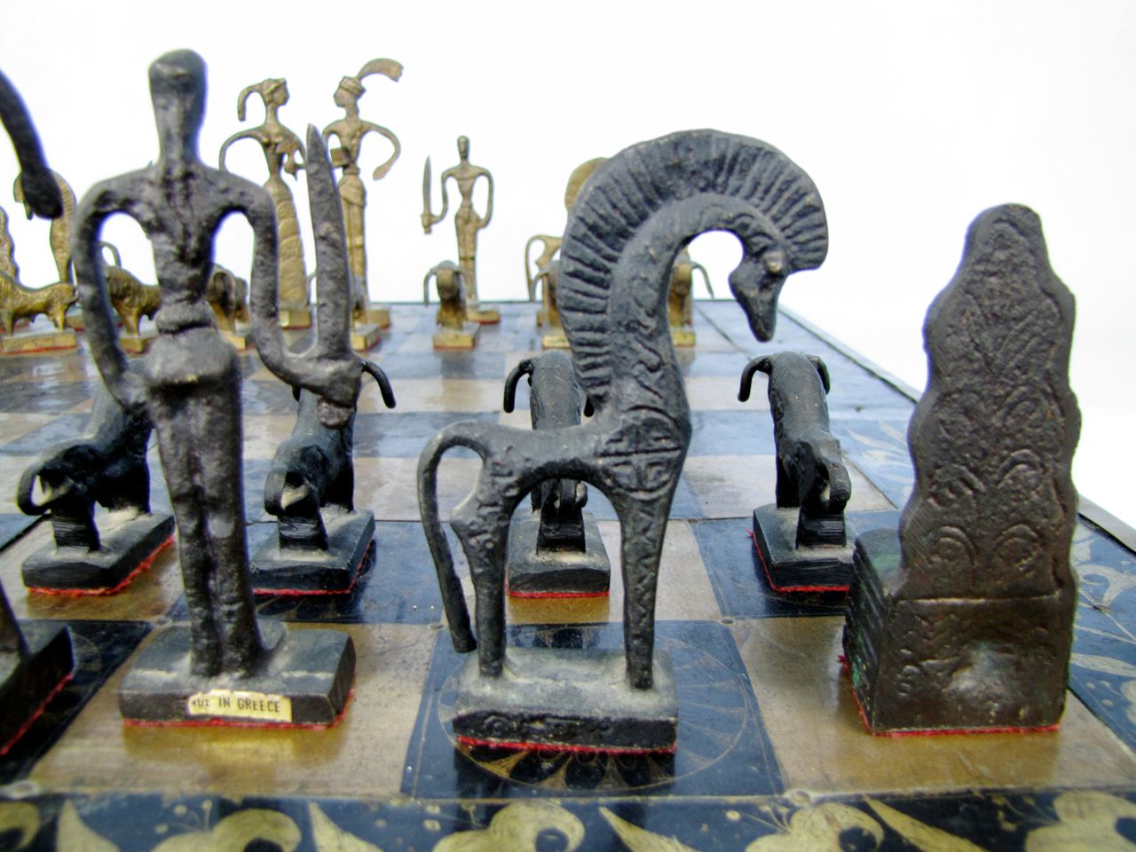 Bronze Minoan Figural Chess Statues and Brass Board