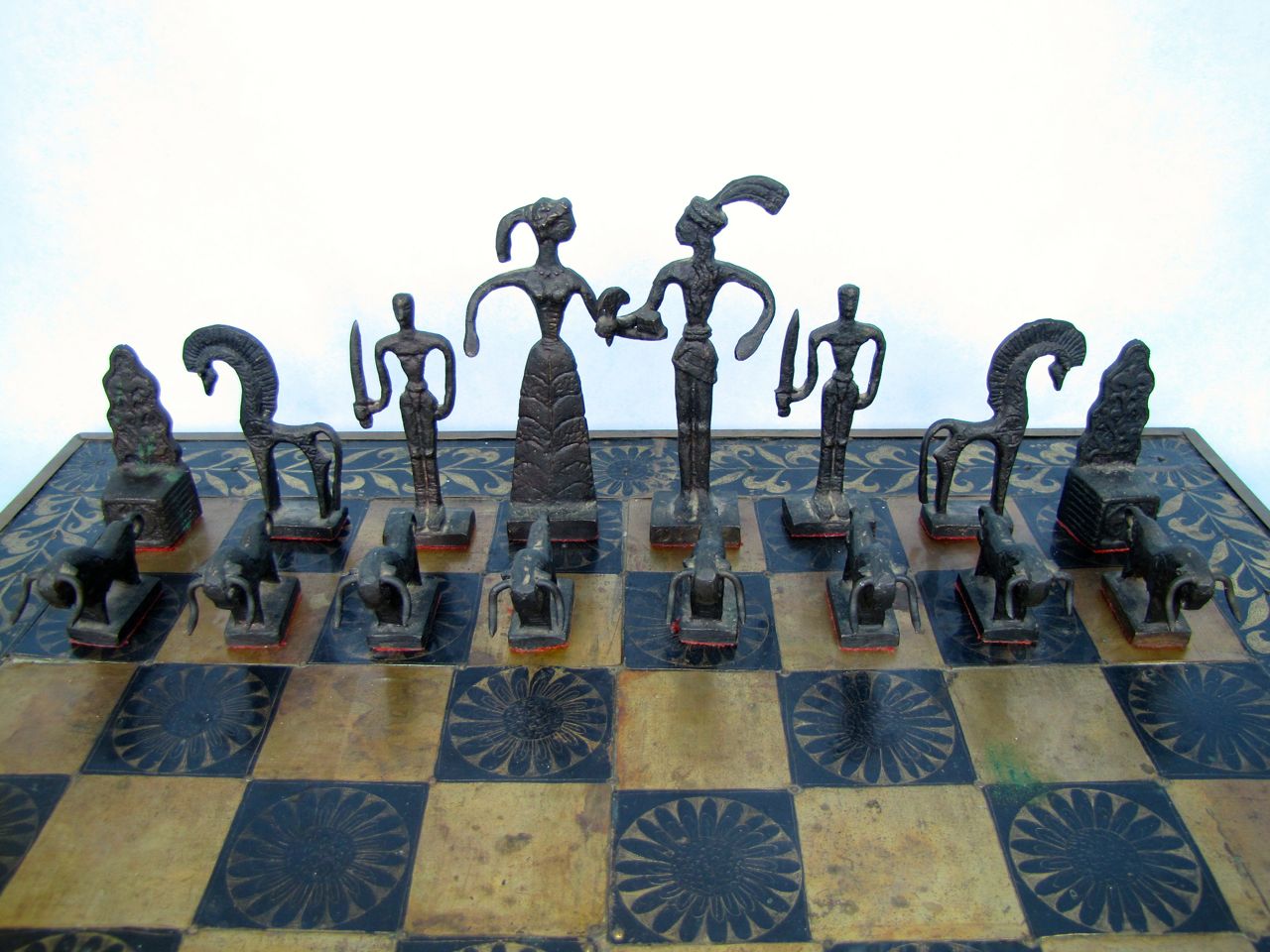 Bronze Minoan Figural Chess Statues and Brass Board