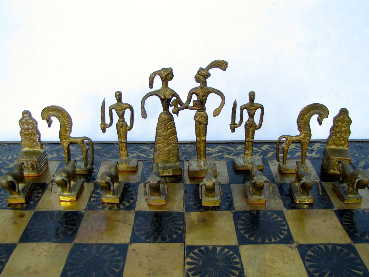Bronze Minoan Figural Chess Statues and Brass Board