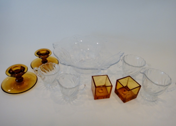 Amber and Clear Depression Glass