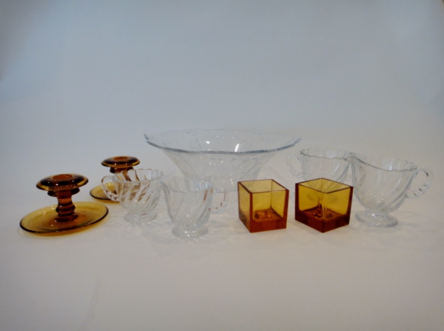 Amber and Clear Depression Glass