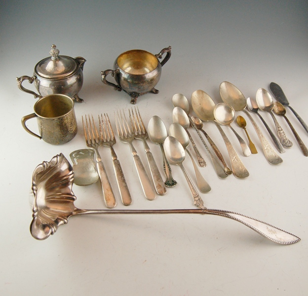 Stainless and Silverplate Flatware, Creamer and Sugar, and Ladle