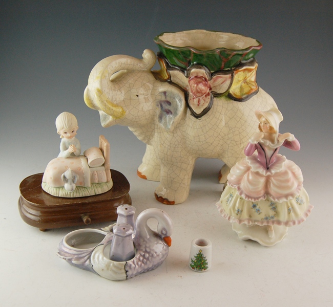 Elephant Vase, Lefton Music Box, and Other Porcelain