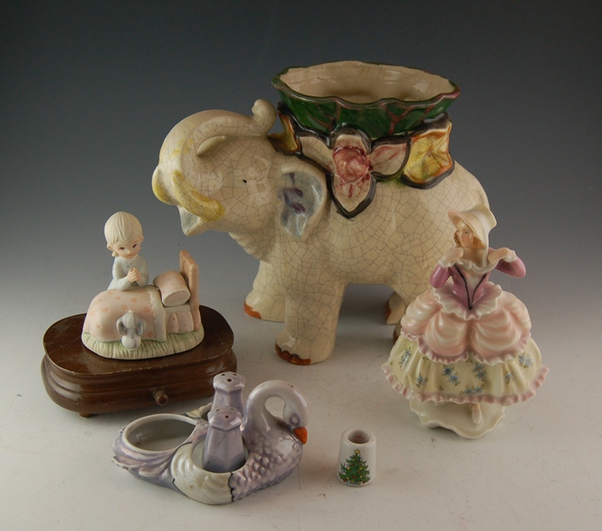  Elephant Vase, Lefton Music Box, and Other Porcelain