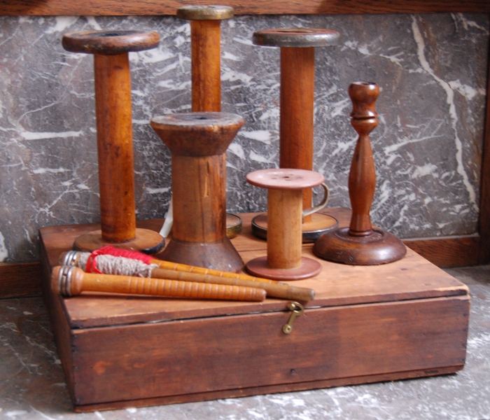 Wood Chest/Cabinet and Five Wood Spools with Three Bobbins