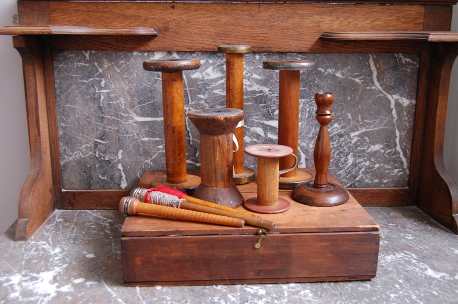 Wood Chest/Cabinet and Five Wood Spools with Three Bobbins