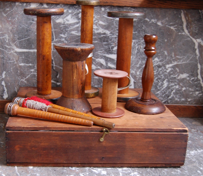 Wood Chest/Cabinet and Five Wood Spools with Three Bobbins