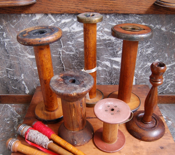 Wood Chest/Cabinet and Five Wood Spools with Three Bobbins