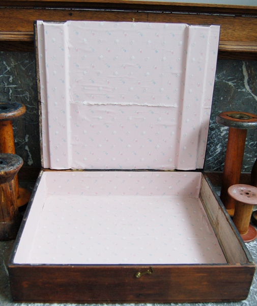 Wood Chest/Cabinet and Five Wood Spools with Three Bobbins