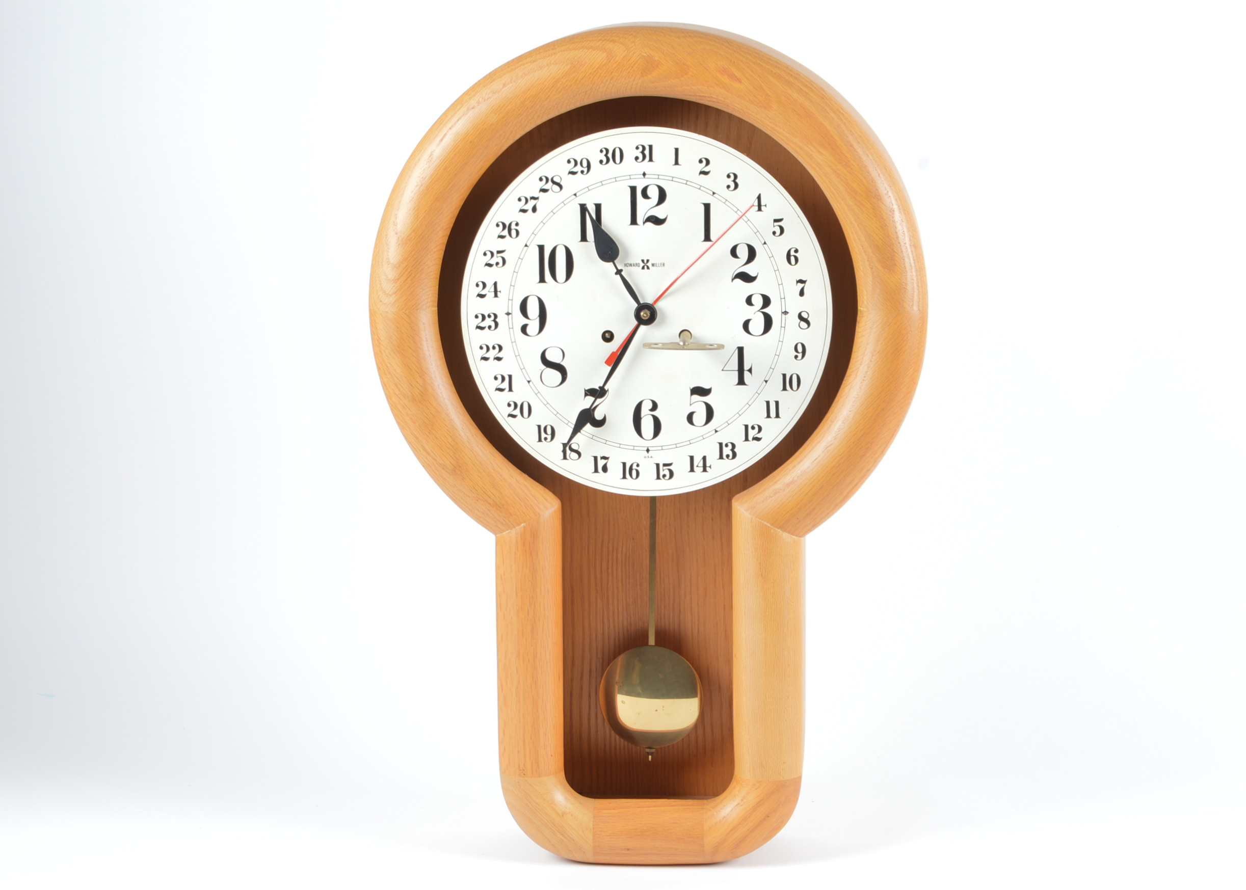 Vintage Howard Miller Oak Wall Clock with Eight Day Wind Pendulum