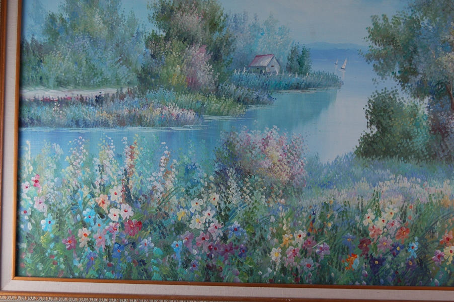 Oil Painting of Flowers, Lake and Sailboat