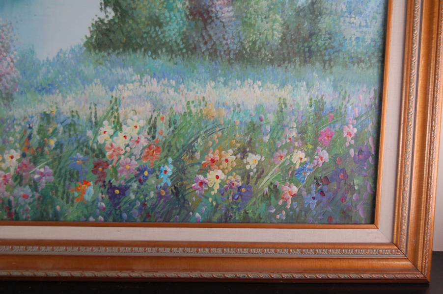 Oil Painting of Flowers, Lake and Sailboat