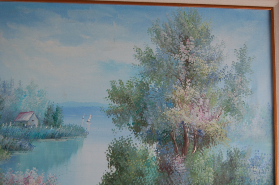 Oil Painting of Flowers, Lake and Sailboat