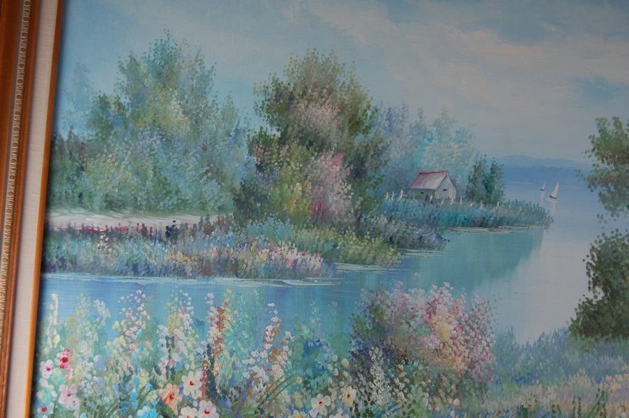 Oil Painting of Flowers, Lake and Sailboat