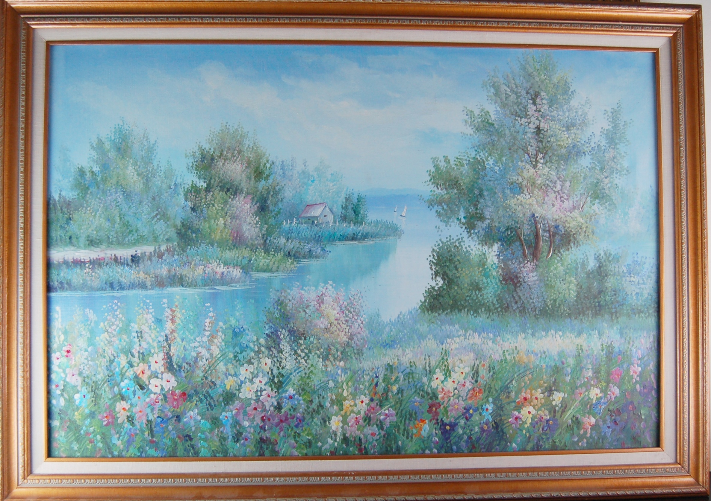 Oil Painting of Flowers, Lake and Sailboat