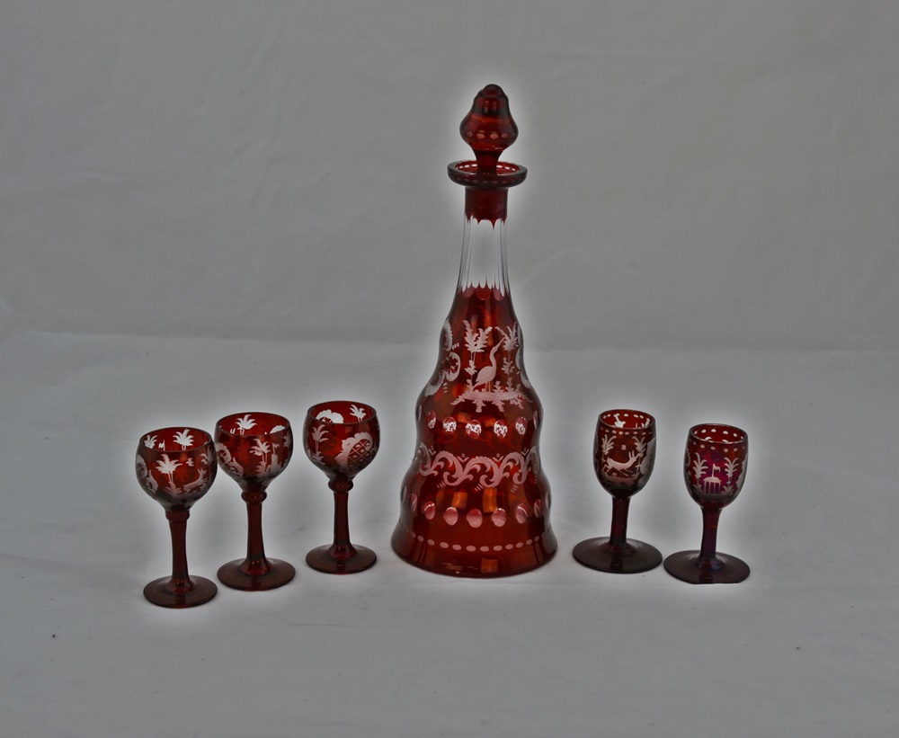 Vintage Egermann Ruby Red Bohemian Czech Glass Decanter & Glasses