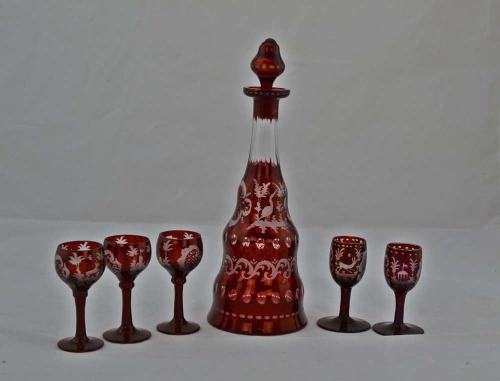 Vintage Egermann Ruby Red Bohemian Czech Glass Decanter & Glasses