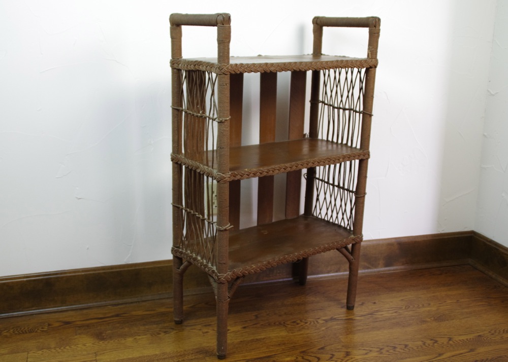 Vintage Wicker and Wood Shelf with Brown Painted Finish