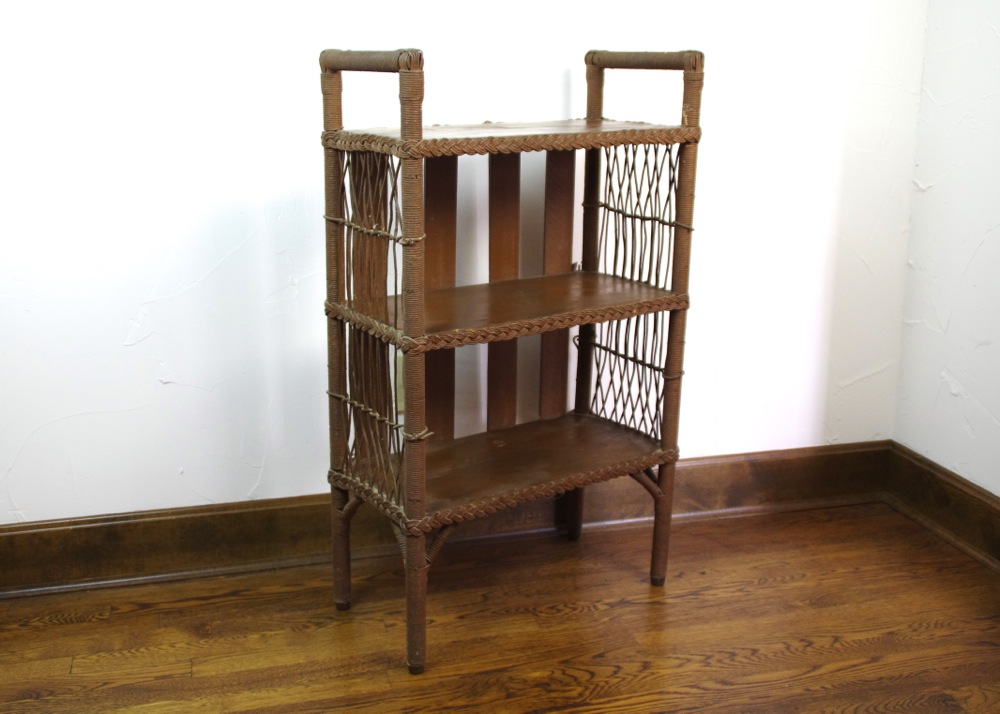 Vintage Wicker and Wood Shelf with Brown Painted Finish