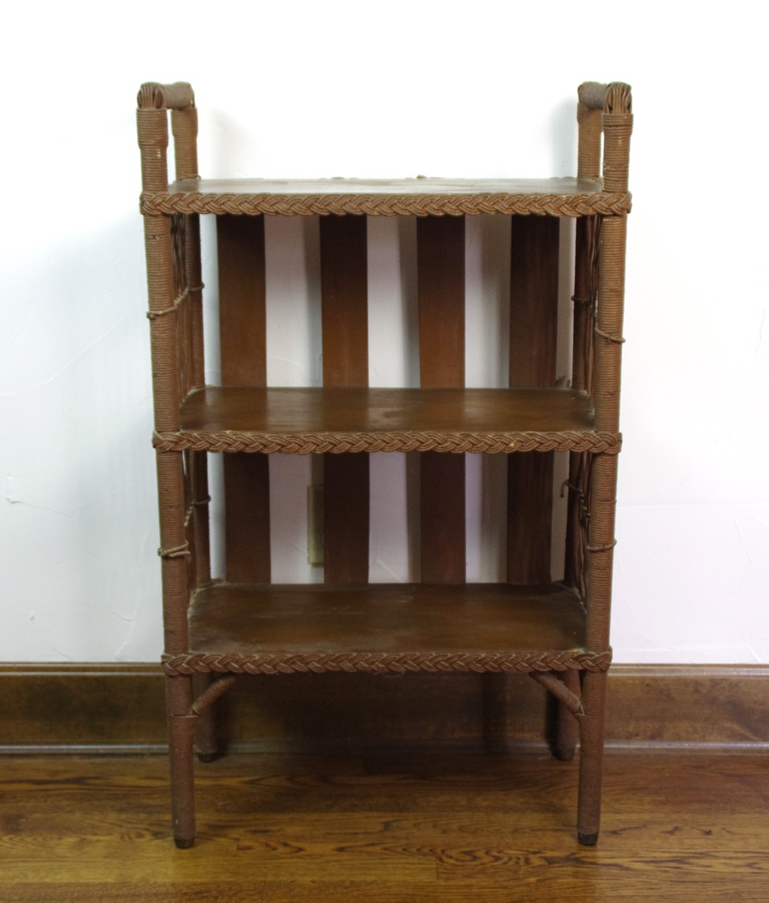 Vintage Wicker and Wood Shelf with Brown Painted Finish