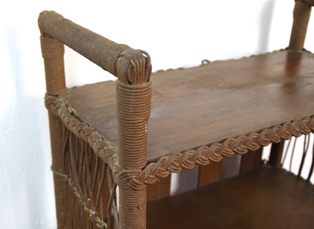 Vintage Wicker and Wood Shelf with Brown Painted Finish