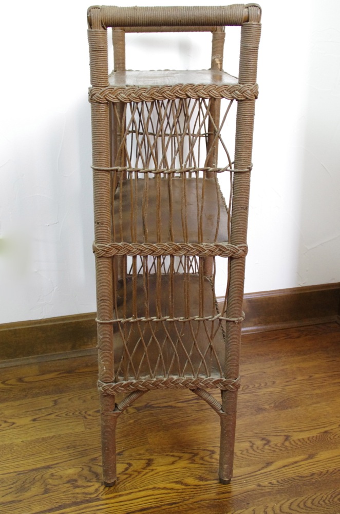 Vintage Wicker and Wood Shelf with Brown Painted Finish