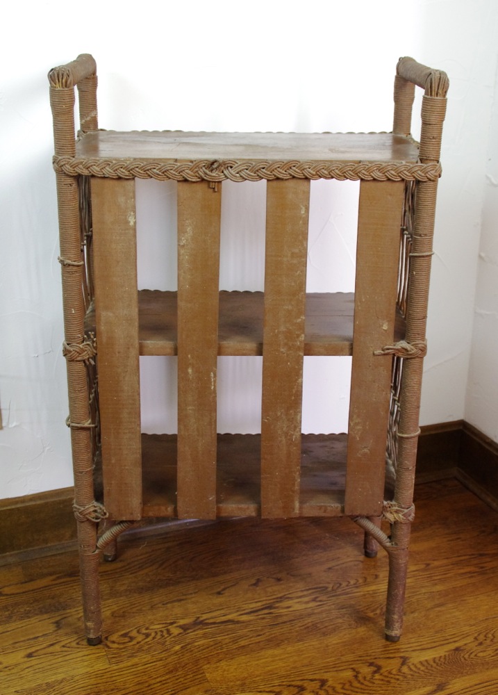 Vintage Wicker and Wood Shelf with Brown Painted Finish