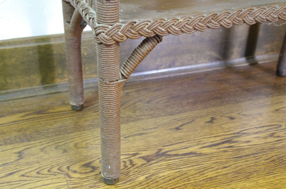 Vintage Wicker and Wood Shelf with Brown Painted Finish