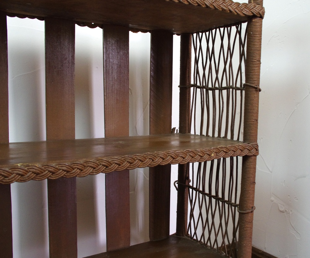 Vintage Wicker and Wood Shelf with Brown Painted Finish