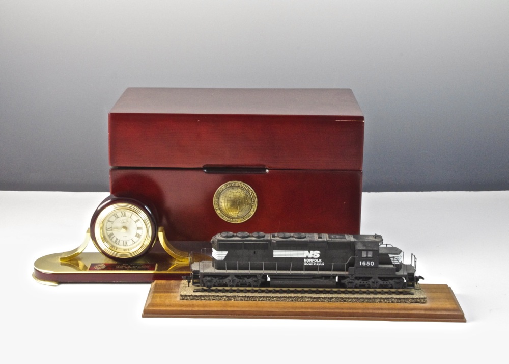 Vintage Model Train Engine Display, Clock, and Wood Box of CD's