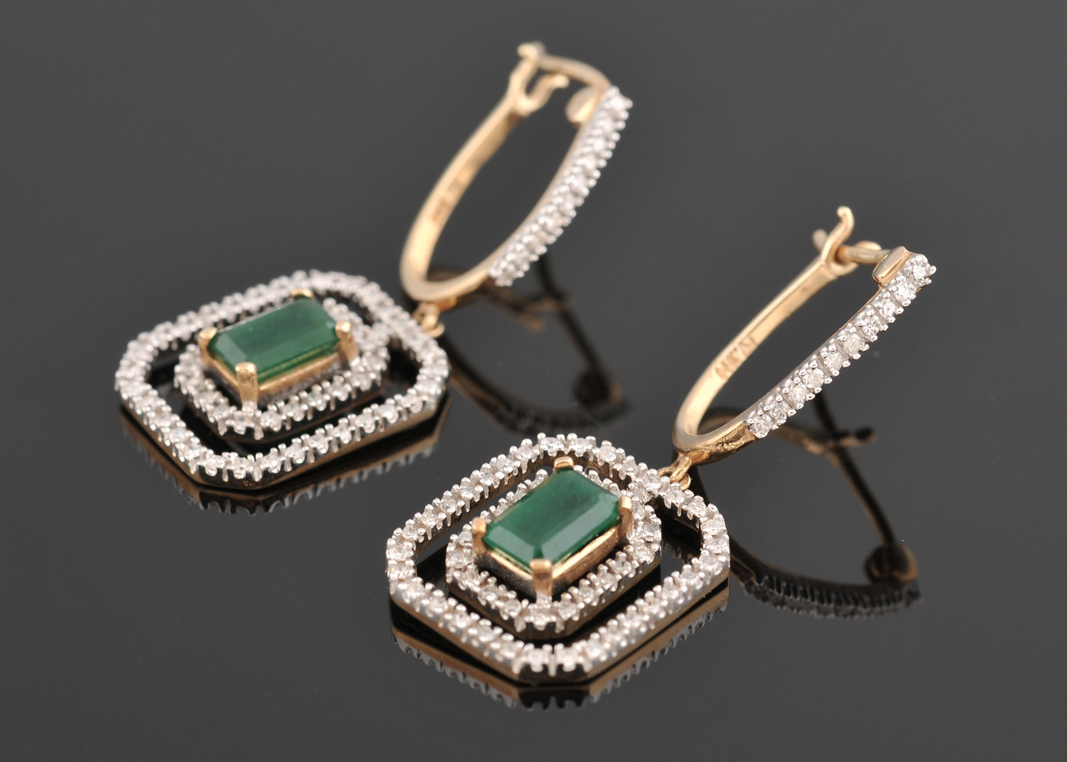 Pair of 14 K Yellow Gold Emerald and Diamond Dangle Earrings