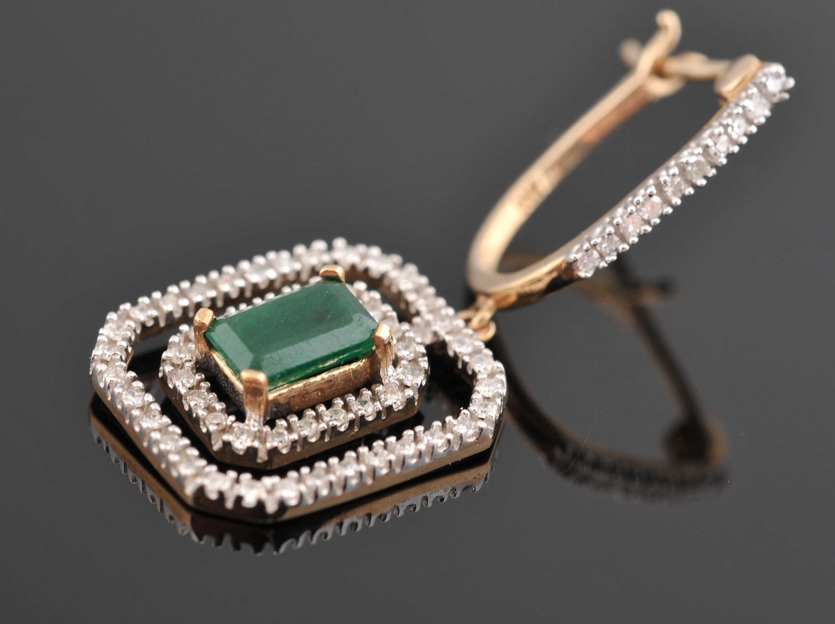 Pair of 14 K Yellow Gold Emerald and Diamond Dangle Earrings